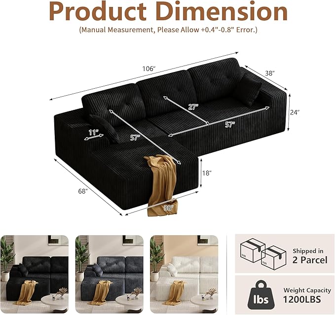 Ball &amp Cast 106 Modular Sectional Sofa Cloud Corduroy Couch with Deep Seat Boneless L-Shaped Sectional Upholstered Modular Sofa for Living Room No Assembly Required (Black Left Facing Chaise