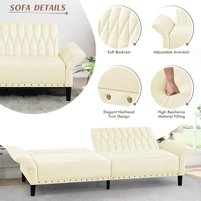 77” Velvet Sofa Bed with Adjustable Armrests and BackrestsTufted Convertible Futon Couch with Nailhead Trim Loveseat Modern Velvet Sleeper Sofa for Living RoomBedroomOffice Beige
