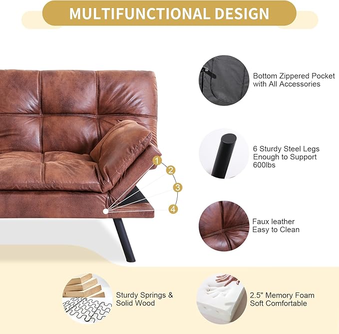 MUUEGM Futon Sofa Bed 71 Convertible Adjustable Backrest Armrests Memory Foam Couch Bed Modern Faux Leather Futon Sleeper Couch Loveseat for Living RoomOfficeApartmentSmall SpaceDark Brown