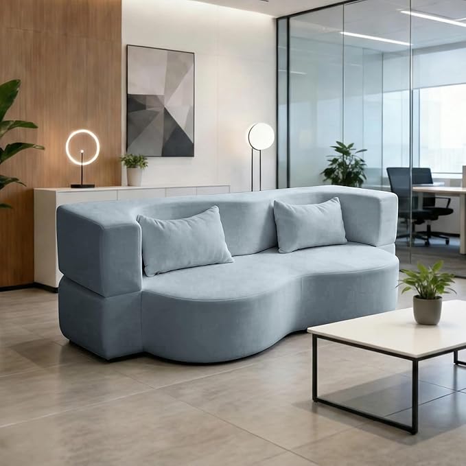 78.35 Modern 2-in-1 Convertible Curved Loveseat Sofa Bed Floor Love Seat Couch Teddy Fabric Memory Foam Cloud Couch with 2 Pillows No Assembly for Living Room Apartment Small Space (Blue)
