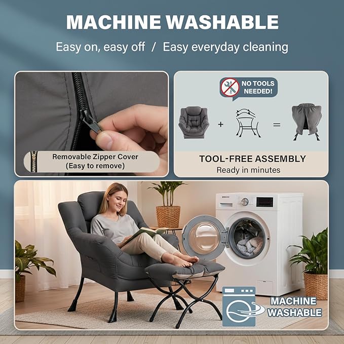 Lazy Chair with Ottoman Large Dark Grey Accent Chair with a Side Pocket Modern Leisure Upholstered Sofa Reading Armchair with Footrest for Office Bedroom Living Room Dorm Rooms Balcony