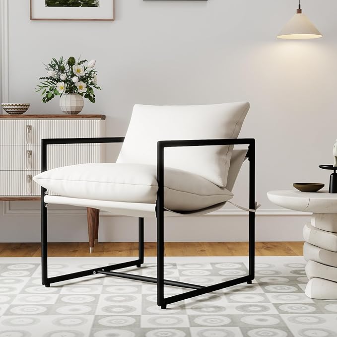 Modern Accent Chair with Arms Comfortable Living Room Seating Square Metal Frame Soft Upholstered Cushion Sponge Filling Easy to Assemble Beige
