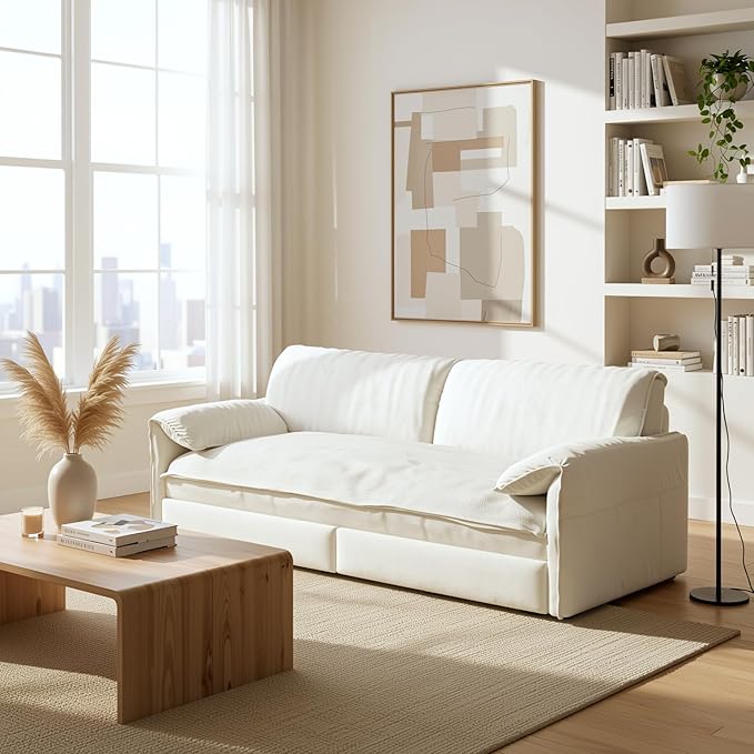 Homy Casa 66 3-in-1 Convertible Sofa Bed Queen Size Pull-Out Bed with Side Storage Velvet Loveseat Modern Sleeper Sofa for Living Room Office or Guest Room Beige