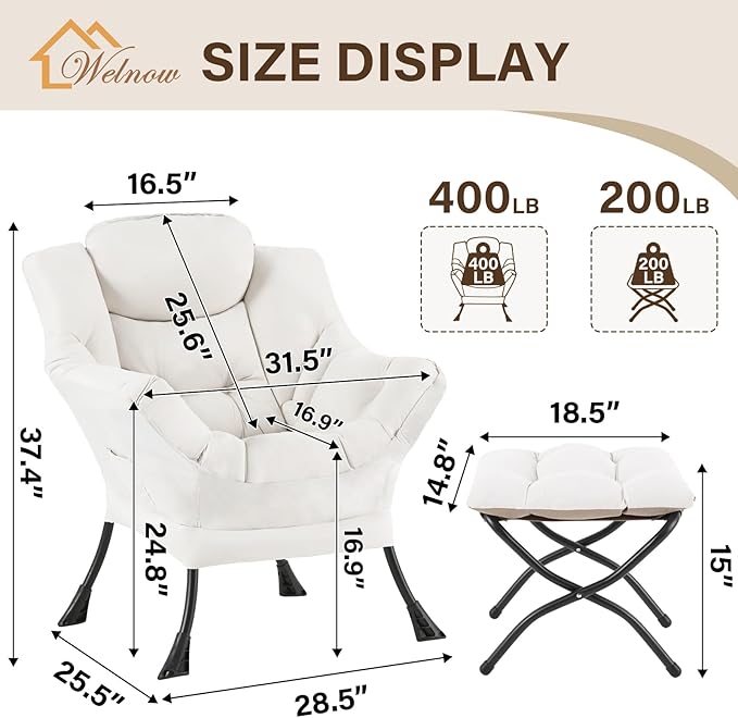 Welnow Lazy Chair with Ottoman Modern Reading Accent Chair with Armrests and a Side Pocket Leisure Upholstered Lazy Sofa Set with Footrest for Small Space Beige