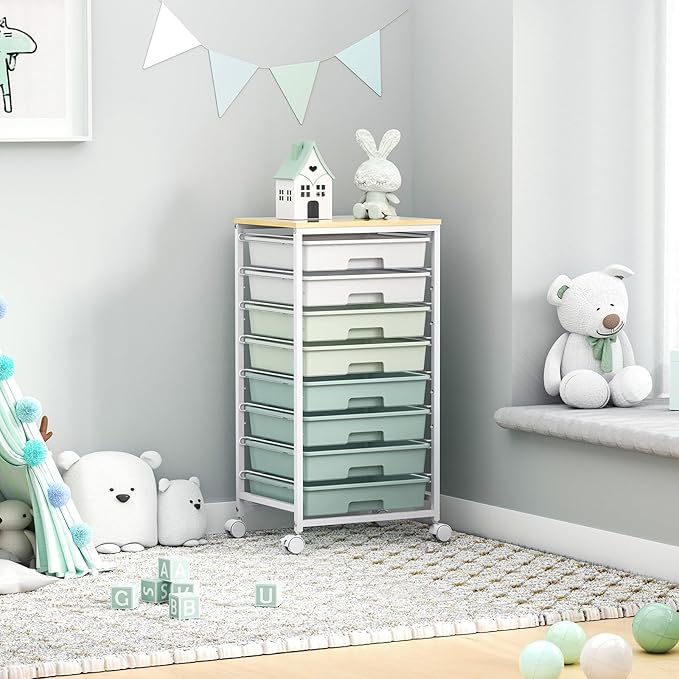 Rolling Storage Utility Cart Organizers with 8 Drawers and Wooden Tabletop for Living RoomOfficeClassroomCraft RoomBedroomDormGreen