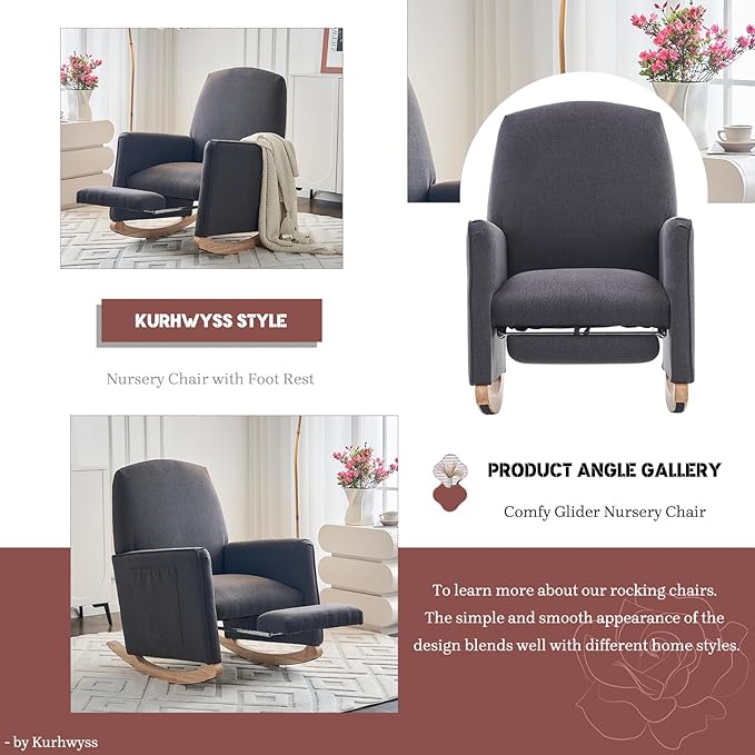 Modern Rocking Chair Nursery Comfy Glider Nursery Chair with Foot Rest Upholstered Rocker with Pocket Accent Reading Armchair with Solid Wood Base for Living Room Bedroom Lounge Room (Dark Gray)