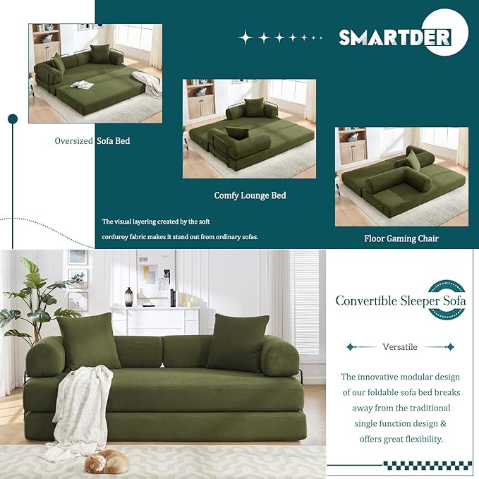 Convertible Folding Sofa Bed Modular Floor Sofa with Removable Backrest 3-Seater Fold Out Couch Bed with Pillows King Size Futon Lazy Couch Corduroy Sleeper for Living Room Dorm Green