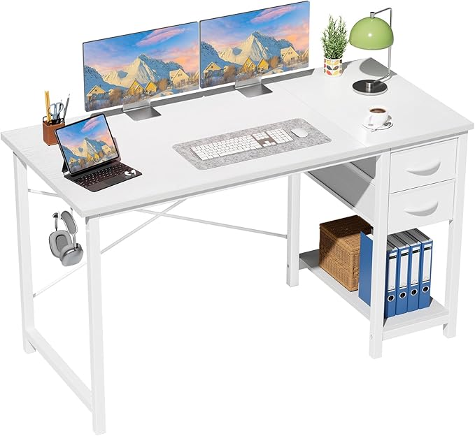 Sweetcrispy 47 Inch Computer Desk with Drawers Home Office Gaming Desk with X-Shaped Reinforcement Modern Wood Study Work Table with Side Hook White