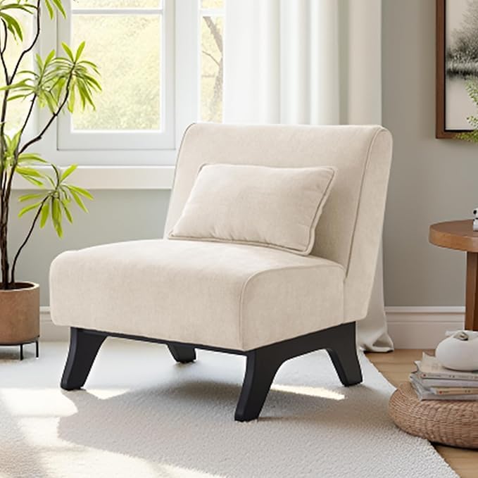 Upholstered Armless Accent ChairModern Comfy Living Room Chairs with Wooden Legs&amp PillowsLounge Sofa Side Corner Chair for Bedroom Farmhouse Reading (Beige 1 PC)