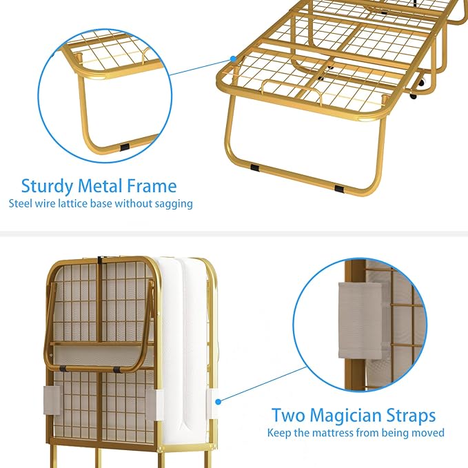 PUREMIND Folding Bed with Mattress for Adults 75”L x 46”W Portable Foldable Beds with Metal Bed Frame Single Portable Roll Away Guest Beds for Bedroom Living Room Office