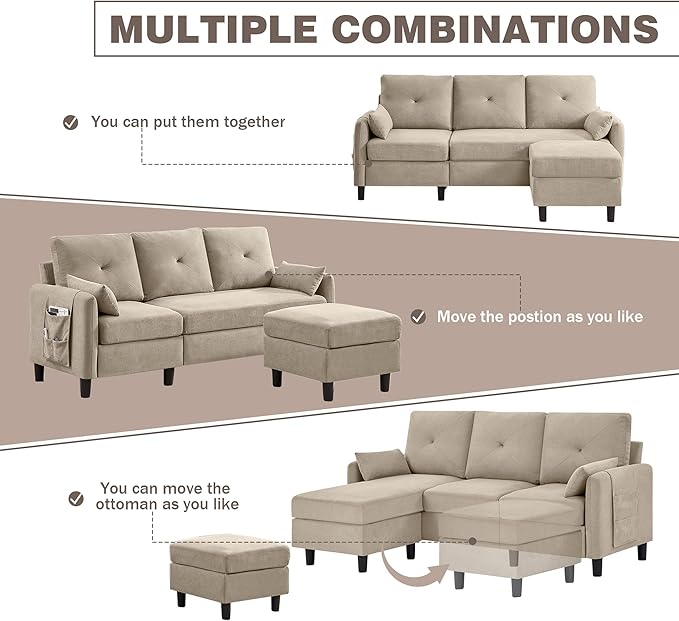 Small Sectional Sofa Convertible Sectional Sofa with Reversible Chaise Modern 3 Seat L-Shaped Sofa Couches for Living Room Apartment Office Beige