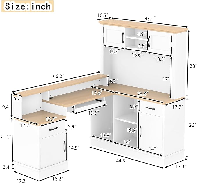 Bellemave L-Shaped Computer Desk with Power Outlet &amp Storage - Modern Corner Gaming Desk with Bookshelf and Drawers Study Writing Workstation for Home Office