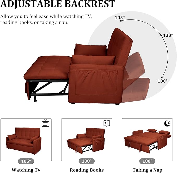 66 Red Sofa Sleeper Loveseat Sofa Bed Queen Size Pull Out Couch with 2 Pillows Pocket &amp Adjustable Backrest Small Couch Bed for Small Spaces Bedroom Apartment Living Room | Convertible Adj