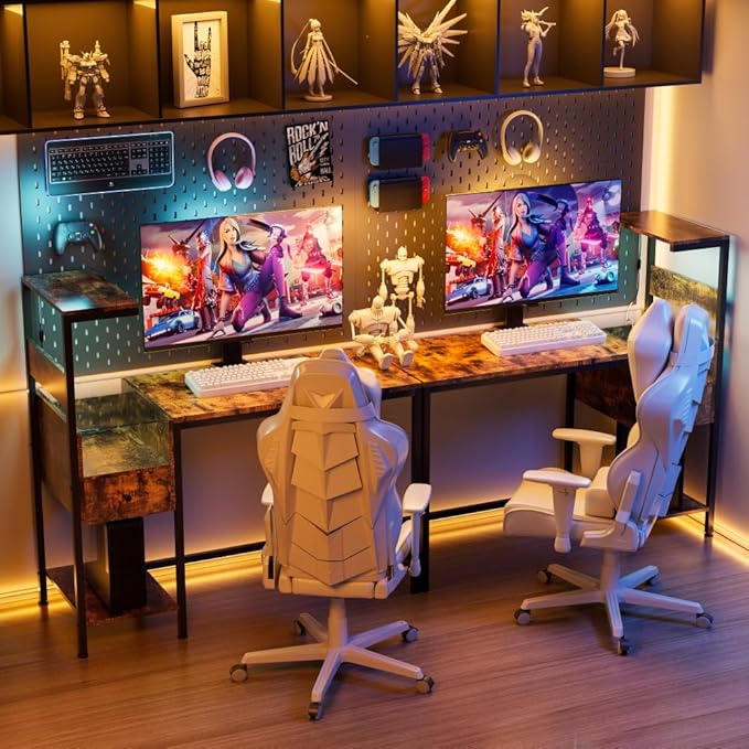 Computer Desk with Power Outlet &amp USB Ports Modern Office Desk with Storage Shelves for Home &amp Study – Ergonomic Computer Table for Efficient Workstation (Brown)