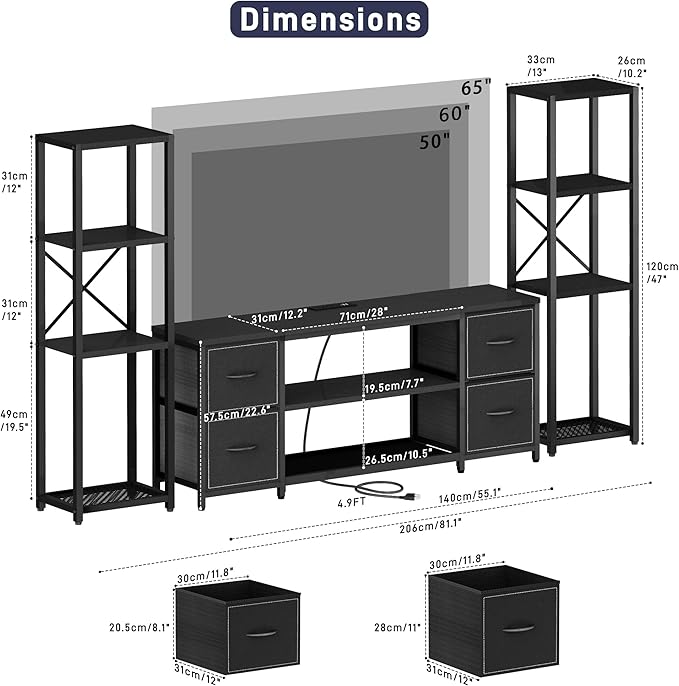 LED TV Stand 60 Inch for Living Room with Charging Station Farmhouse Entertainment Center with 2 Industrial Bookshelves Modern Console Cabinet with Storage Drawers (Black)