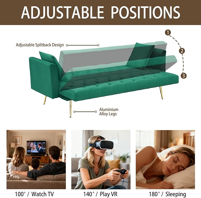 71 Velvet Futon Sofa Bed Convertible Sleeper Couch with 2 Pillows - Modern Loveseat Small Sofa 3-Angle Adjustable Backrest Golden Metal Legs for Living Room Bedroom Apartment Easy Assembly (Green)
