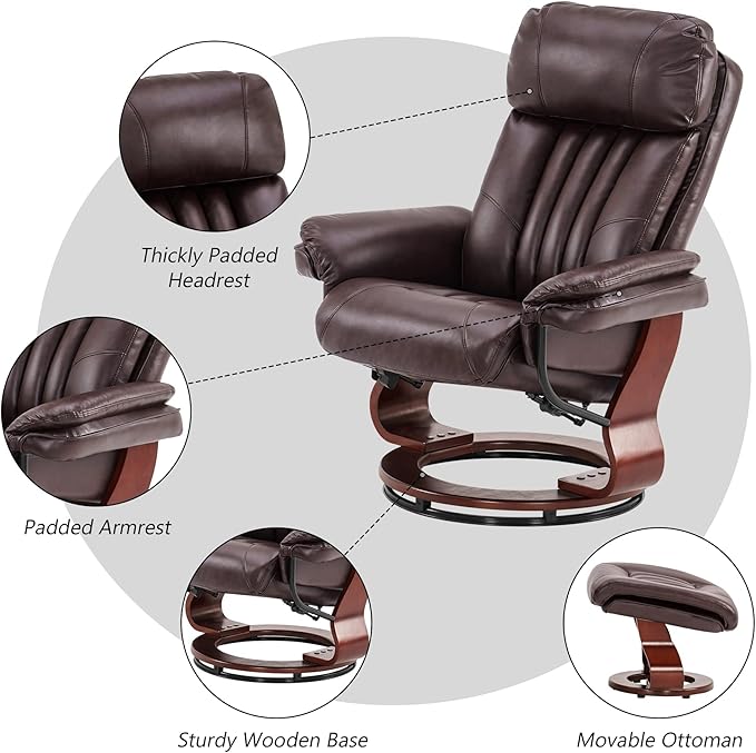 MCombo Swivel Recliner with Ottoman Faux Leather TV Chair with Vibration Massage Ideal for RV Small Space Living Room &amp Bedroom 4999 (Faux Leather Dark Brown)
