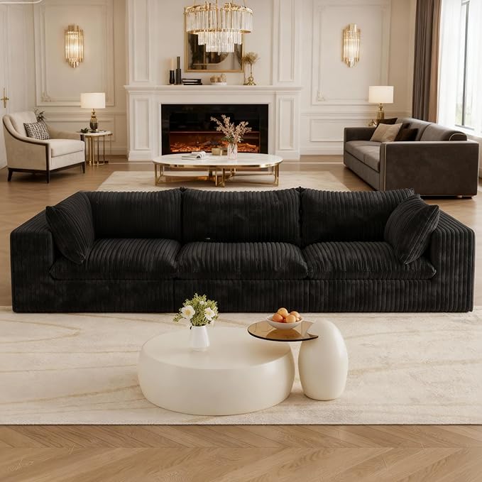 Oversized 118 W Corduroy Boneless Couches for Living Room No Assembly Required 3-Seaters Modular Sectional Sofa with Removal Cushion Comfy Plush Upholstered Couch for Apartment/Office (Black) | Co