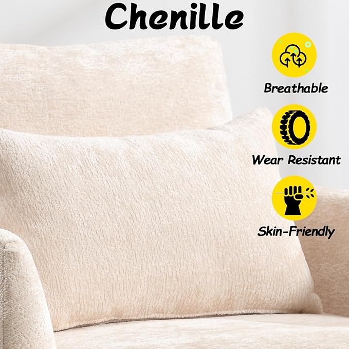 Oversized Accent Chair with Lumbar Pillow Upholstered Side Chairs for Living Room Bedroom Comfy Reading Chairs for Adults with Wide Seat Thick Cushion Soft Chenille (Beige)