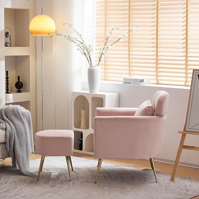 Accent Chair with Ottoman Velvet Wingback Chair with Lumbar Pillow and Footstool Upholstered Single Sofa Chair with Golden Metal Legs Leisure Armchair for Living Room Bedroom Office Pink