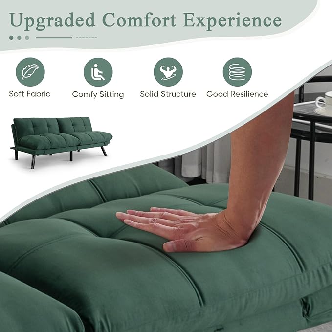Convertible Velvet Futon Sofa Bed Comfy 72 L Sleeper Couch with Thicker Cushion Upholstered Modern Reclining Loveseat Folding Sofa for Small Living Room Dorm Apartment Office Emerald