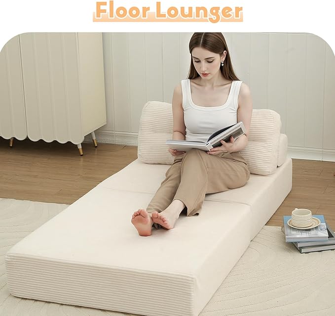 MeMoreCool Folding Sofa Bed – Convertible Sleeper Chair with Pillow Beige 31.5″ × 70.1″ Shredded Foam Lounge Chair for Living Room Bedroom Small Spaces | Headrest &amp Lumbar Support Corded Fabr