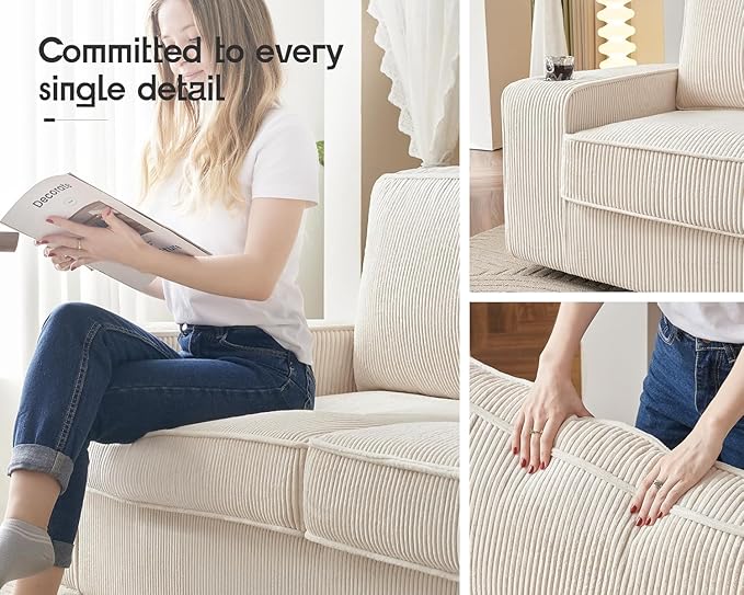 AMERLIFE Corduroy Sofa Chair Modern Comfy Accent Chair with Cup Holders &amp USB Ports Upholstered Living Room Chair Beige