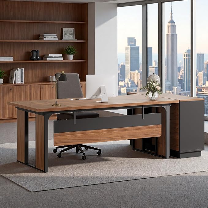 Tribesigns 63 Executive Desk Modern Office Desk with Privacy Panel &amp Metal Frame Large Computer Desk for Home Office Writing Study Workstation Business Furniture (Brown &amp Black Only Table