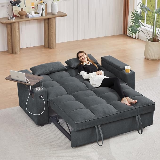 65''Convertible Sleeper Sofa Bed3-in-1 Pull Out Couch Bed with 360 Degree rotatable Side Table and USB Ports for Living RoomRV (07Dark Grey)