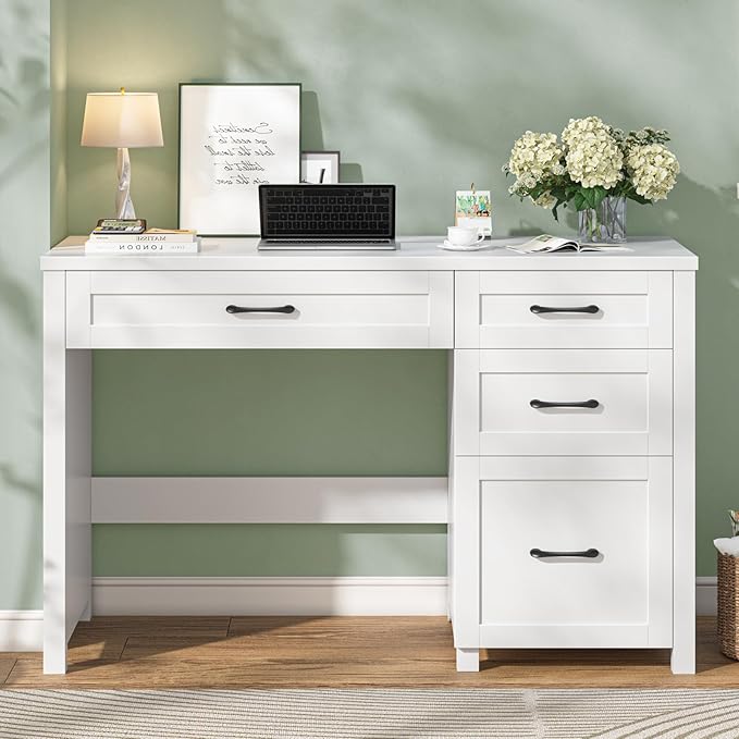 Farmhouse 47 Executive Desk with 4 Drawers Computer Desk with File Drawer Workstation for Study Home OfficeCream White.
