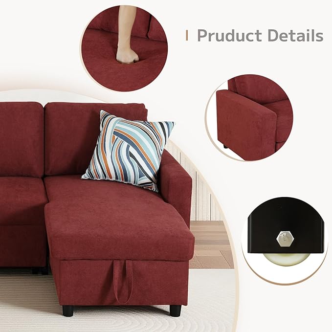 L-Shaped Sleeper Sofa with Chaise Lounge &amp Storage Pull-Out Couch Bed with Recliner Full Size Futon for Living Room Office Apartment Red
