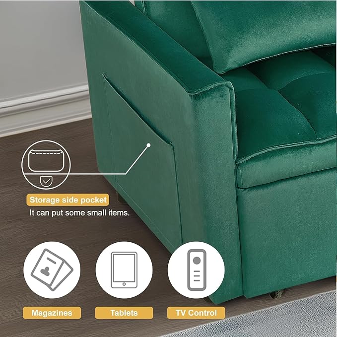 Convertible Sofa Bed 3 in 1 Pull Out Couch with Side Pockets Velvet Fabric Loveseat Sleeper Sofa Bed Pull Out Couch with Adjustable Backrest for Living Room Bedroom Apartment Green