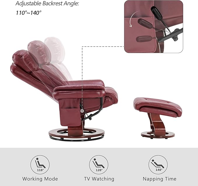 MCombo Swivel Recliner with Ottoman Faux Leather TV Chair with Vibration Massage Ideal for RV Small Space Living Room &amp Bedroom 4999 (Faux Leather Burgundy)