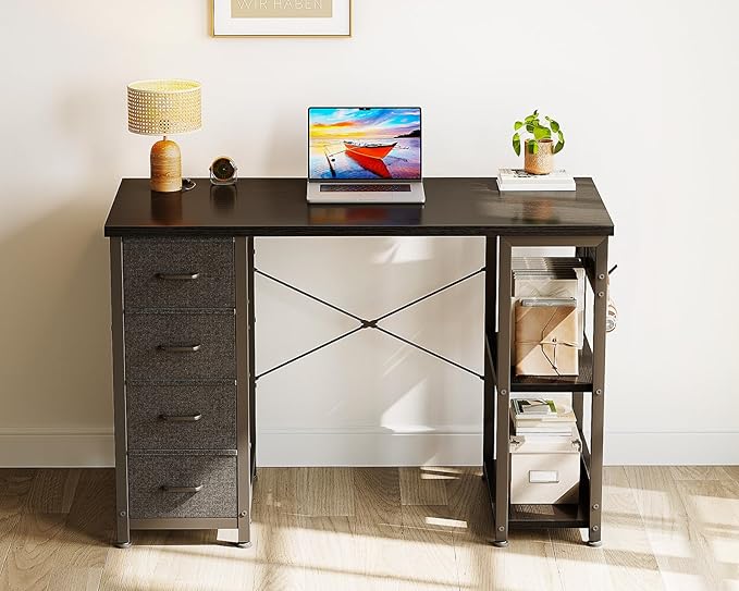 ODK 40 Inch Small Computer Desk with 4 Fabric Drawers Modern Writing PC Desk for Small Spaces Study &amp Home Office Desk with Storage Shelves Black