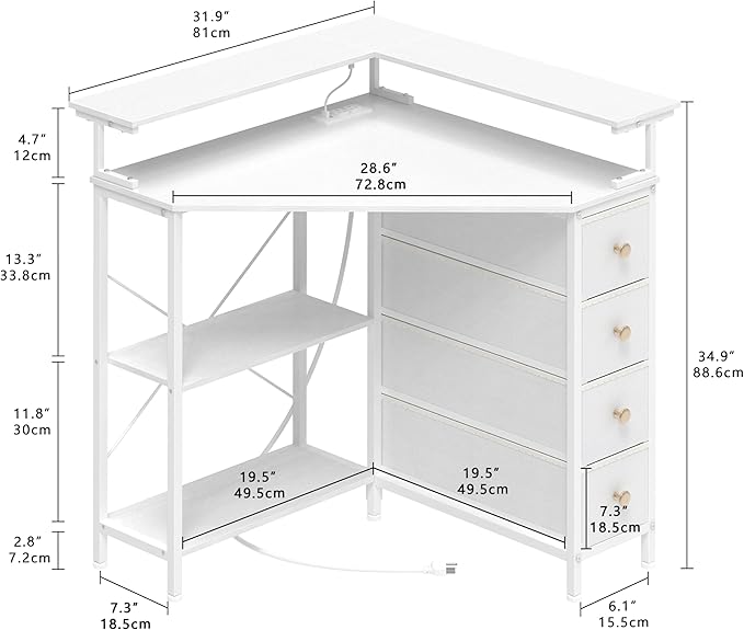 Corner Desk with Drawers Shelves for Small Space 90 Degrees Triangle Computer Desk with Power OutletsGaming Desk with LED Lights Monitor Stand for Home Office Workstation Writing Table (White)