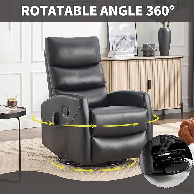 Massage Chair Recliner with Heat Swivel Rocking Chair Recliner with High Back Manual Lazy Boy Recliners for AdultsSmall Recliner Chair for Small Spaces Living Room Bedroom Fabric (Black)