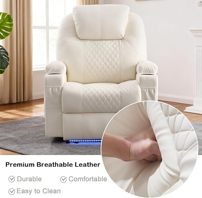 Power Recliner Chair with Heat and Massage for Adults - Home Theater Seating with LED LightsCup HoldersSide PocketUSB Port - Recliner Sofa for Living Room (Beige Set of 2)