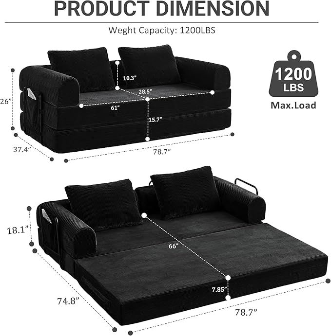 79 Convertible Sleeper Sofa Bed Oversized Corduroy Floor Couch with 2 Pillows Pull Out Memory Foam Mattress Guest Bed High-Density Sleeper Loveseat for Living Room Apartment [Black]
