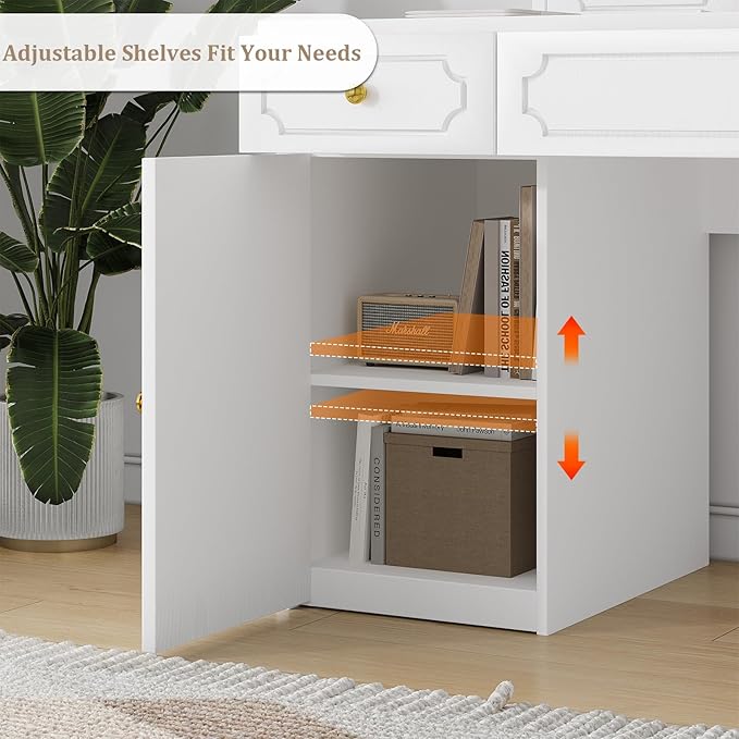 Catrimown White Desk with 7 Drawers 54 Inch Computer Desk with Cabinet for Work Writing Study Vanity Desk with Golden Handle for Girls Bedroom