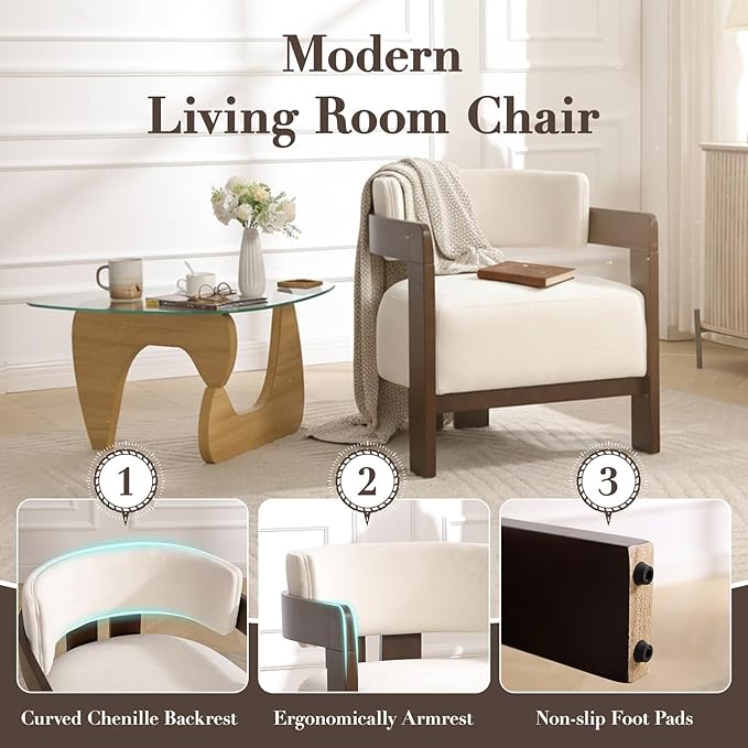 Modern Accent Chair Upholstered Barrel Chairs Chenille Fabric Guest Chair with Wooden Legs Armrest for Living Room Bedroom 1PC White