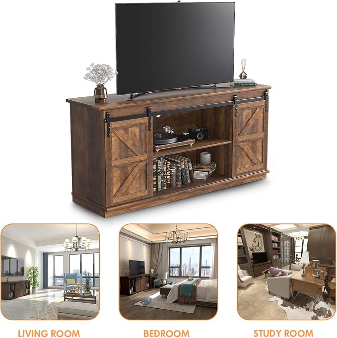 JUMMICO TV Stand for 65 Inch TV Entertainment Center with Storage Cabinets and Sliding Barn Doors Mid Century Modern Media TV Console Table for Living Room Bedroom (Rustic Oak)