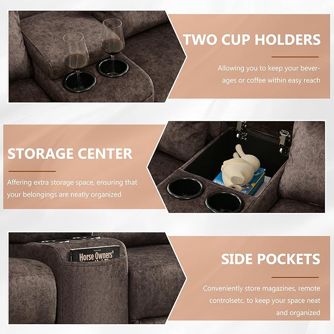 Reclining Loveseat Sofa 3 Seat Manual Recliner Couch with Flip Middle Backrest Console Wall Hugger Storage Drawer &amp Cup Holder for RV &amp Living Room Seating (Brown 3 seat &amp Console)