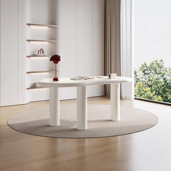 62.2 Home Office Desk Modern White Irregular Work Desk for Home Office Spacious Dining Table with Stable Support Legs for Kitchen Living Room Bedroom