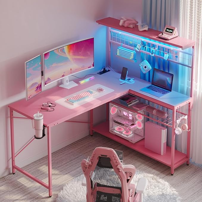 Bestier Gaming Desk 51 L-Shaped with Power Outlets &amp LED Lights- 4 Tier Shelves Reversible Gamer Table with Hooks &amp Cup Holder for Home Office Carbon Fiber Pink