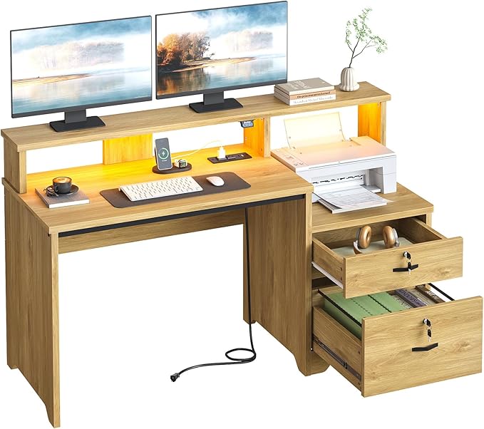 Bestier 55 Computer Desk with Power Outlets &amp LED Lights Home Office Desk with Lockable File Drawer &amp Printer Shelf Monitor Stand Modern Workstation for Gaming Study Natural Oak
