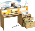 Bestier 55 Computer Desk with Power Outlets &amp LED Lights Home Office Desk with Lockable File Drawer &amp Printer Shelf Monitor Stand Modern Workstation for Gaming Study Natural Oak