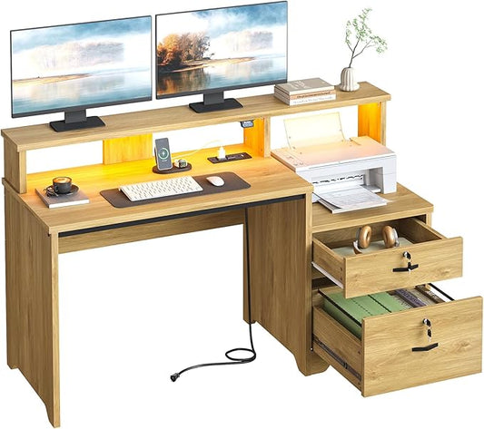 Bestier 55 Computer Desk with Power Outlets &amp LED Lights Home Office Desk with Lockable File Drawer &amp Printer Shelf Monitor Stand Modern Workstation for Gaming Study Natural Oak