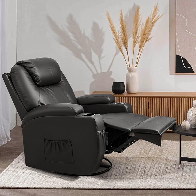 Furniwell Rocker Recliner Chair with Massage for Elderly Leather Adjustable 360°Swivel Rocking Sofa for Living Room with Remote Control Cup Holders (Black)
