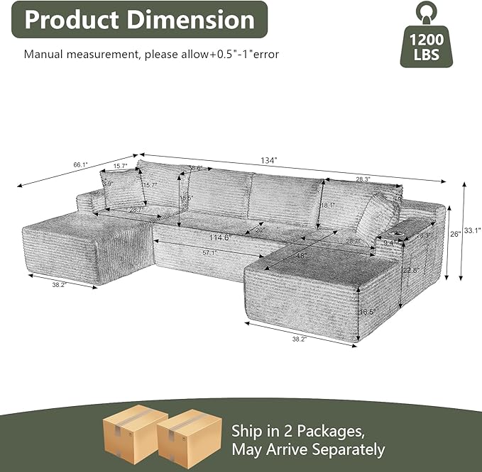 134 Oversized U Shaped Cloud Couch Boneless Modular Sectional Sofa for Living Room 5 Seat Couch with Storage Pockets &amp Cup Holders Free Combination No Assembly Required Green