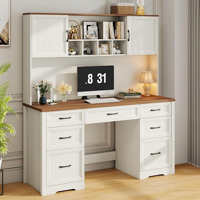Vabches Farmhouse Executive Desk with 7 Drawers and Storage Cabinet Rustic Large Home Writing Desk with Hutch Workstation for Bedroom White